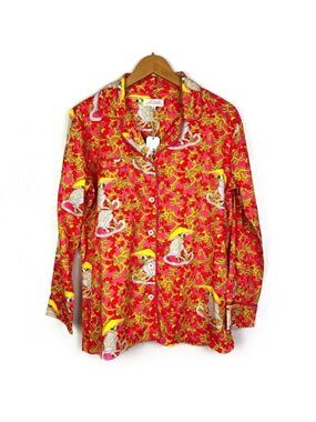 Jayes Studio Mandarin Monkey Cotton Pajama Shirt Pink Red Print size small
